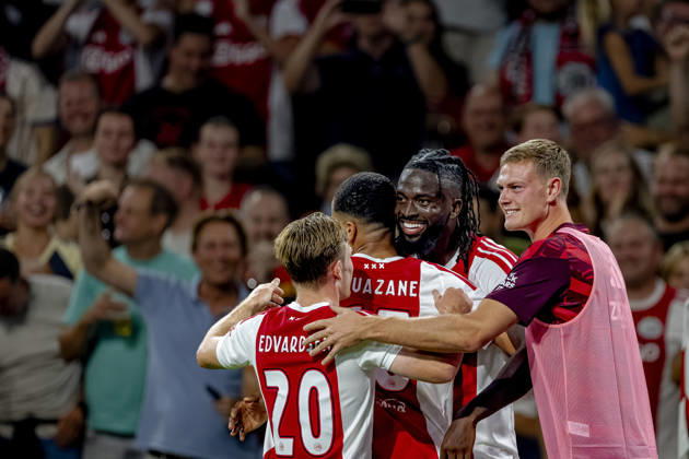AMSTERDAM — AFC Ajax Amsterdam forward Toluwalase Arokodare celebrates his goal during the UEFA Conference League at the Johan Cruijff ArenA on August 27, 2026, in Amsterdam, the Netherlands. Photo by DeFodi Images