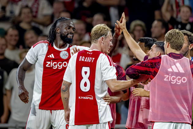 AMSTERDAM — AFC Ajax Amsterdam forward Toluwalase Arokodare celebrates his goal during the UEFA Conference League at the Johan Cruijff ArenA on August 27, 2026, in Amsterdam, the Netherlands. Photo by DeFodi Images