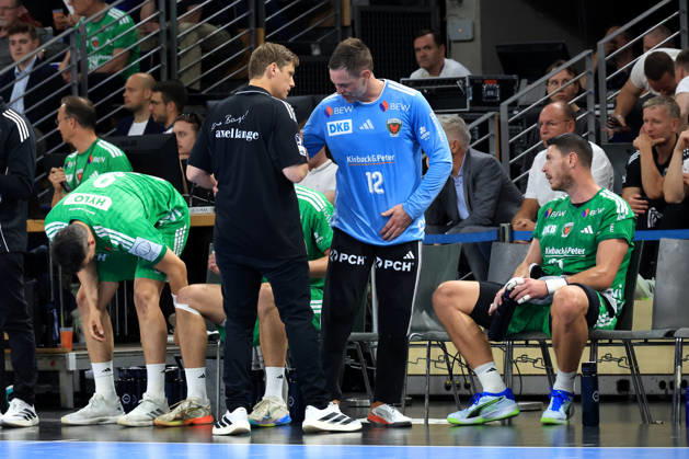 August 27, 2026, GER Germany, Handball, 1st Bundesliga, August 27, 2026, 2026–2027 season, Berlin, Fuechse Berlin vs. Melsungen; Head Coach Nicolej Krickau, Fuechse Berlin; Palicka, Andreas, Fuechse Berlin 12; talking, discussing; Berlin Max Schmeling Halle, Berlin, Germany Copyright: xNordphotox xEnglerx