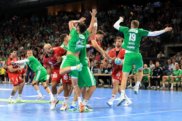 August 27, 2026, GER Germany, Handball, 1st Bundesliga, August 27, 2026, 2026–2027 season, Berlin, Fuechse Berlin vs. Melsungen, Mathias Gidsel (Fuechse Berlin) 19, Lauro Pichiri (Fuechse Berlin) 24, Aaron Mensing (MT Melsungen) 33, Adrian Sipos (MT Melsungen) 8, Max Schmeling Hall, Berlin, Germany Copyright: xNordphotox xEnglerx