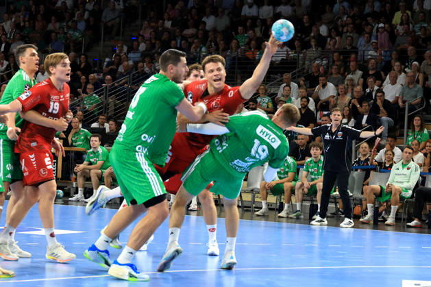 August 27, 2026, GER Germany, Handball, 1st Bundesliga, August 27, 2026, 2026–2027 season, Berlin, Fuechse Berlin vs. Melsungen, Mijajlo Marsenic (Fuechse Berlin 93), Mathias Gidsel (Fuechse Berlin 19), Aaron Mensing (MT Melsungen 33), Max Schmeling Hall, Berlin, Germany Copyright: xNordphotox xEnglerx