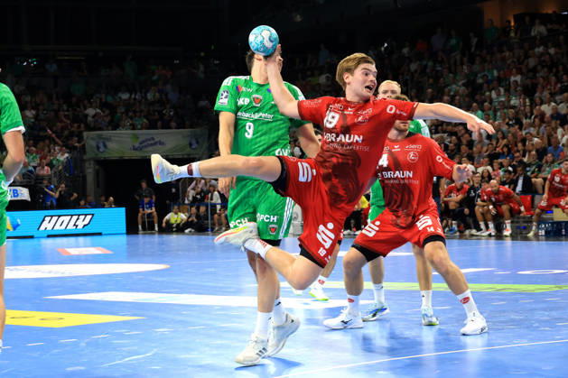 August 27, 2026, GER Germany, Handball, 1st Bundesliga, August 27, 2026, 2026–2027 season, Berlin, Füchse Berlin vs. Melsungen Simak, Frederik Füchse Berlin 9, Reynir Thor Stefansson MT Melsungen 19, Max Schmeling Hall, Berlin, Germany Copyright: xNordphotox xEnglerx
