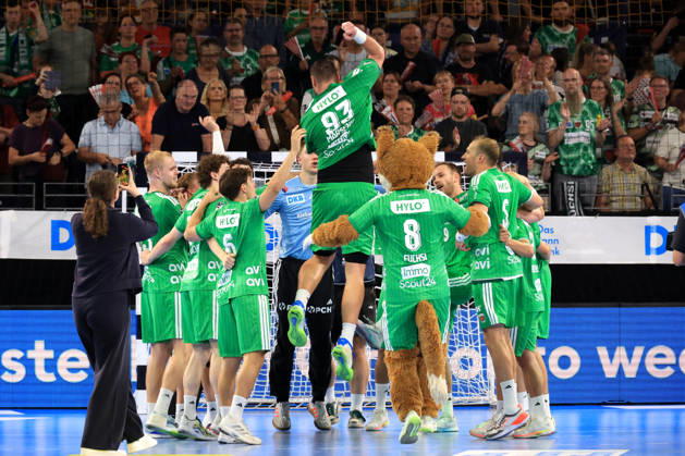 August 27, 2026, GER Germany, Handball, 1st Bundesliga, August 27, 2026, 2026–2027 season, Berlin, Fuechse Berlin vs. Melsungen Fuechse players, Mijajlo Marsenic (Fuechse Berlin 93), celebration, cheering, joy, happiness, happy, positive emotions, Max Schmeling Hall, Berlin, Germany Copyright: xNordphotox xEnglerx