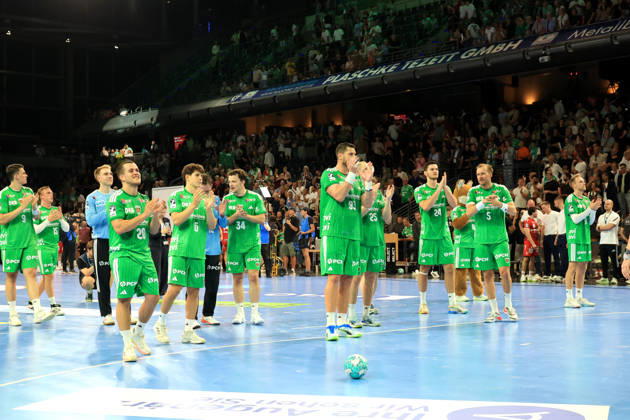 August 27, 2026, GER Germany, Handball, 1st Bundesliga, August 27, 2026, 2026–2027 season, Berlin, Fuechse Berlin vs. Melsungen Fuechse player group, Mathias Gidsel (Fuechse Berlin 19), Prantner, Leo (Fuechse Berlin 6), celebration, cheering, joy, happiness, happy, positive emotions, Max Schmeling Halle, Berlin, Germany Copyright: xNordphotox xEnglerx
