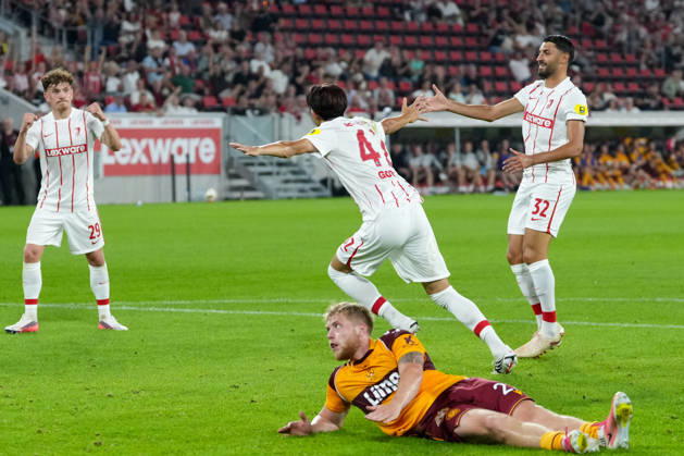 Keisuke Goto, SC Freiburg, 42, goal celebration, emotions, shot on goal, finish, goal scored, goal, hit, Germany, soccer, UEFA Conference League, playoffs, second leg, 2026–2027, SC Freiburg vs. Motherwell FC, August 27, 2026, Europa-Park Stadium, Freiburg, Freiburg, Europa-Park Stadium, Baden-Württemberg, Germany Copyright: xArnexAmbergx