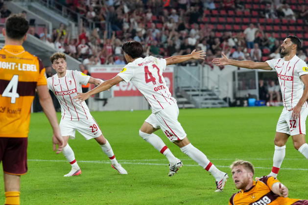 Keisuke Goto, SC Freiburg, 42, goal celebration, emotions, shot on goal, finish, goal scored, goal, hit, Germany, soccer, UEFA Conference League, playoffs, second leg, 2026–2027, SC Freiburg vs. Motherwell FC, August 27, 2026, Europa-Park Stadium, Freiburg, Freiburg, Europa-Park Stadium, Baden-Württemberg, Germany Copyright: xArnexAmbergx