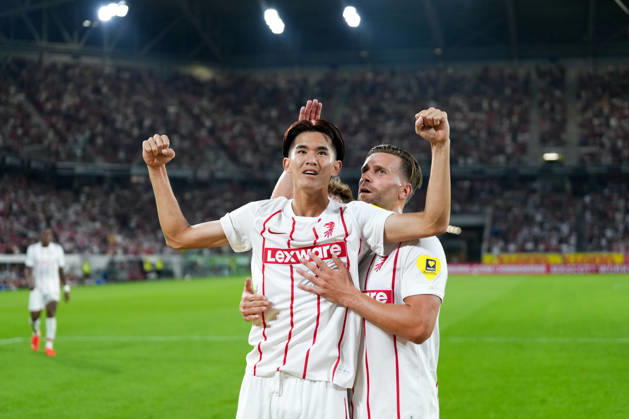 Keisuke Goto, SC Freiburg, 42 goal celebration, emotions, shot on goal, finish, goal scored, goal, Lucas Höler, Lucas Hoeler, SC Freiburg, 09, Germany, soccer, UEFA Conference League, playoffs, second leg, 2026–2027, SC Freiburg vs. Motherwell FC, August 27, 2026, Europa-Park Stadium, Freiburg, Freiburg, Europa-Park Stadium, Baden-Württemberg, Germany Copyright: xArnexAmbergx