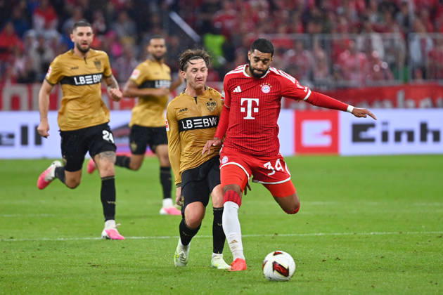 Ismael SAIBARI, Bayern Munich, Action, Tackle against Angelo STILLER, VFB Stuttgart, Soccer, Bundesliga, 2026–2027 Season, Matchday 1, Matchday 01, FC Bayern Munich vs. VfB Stuttgart 5–1 on August 28, 2026, Allianz Arena