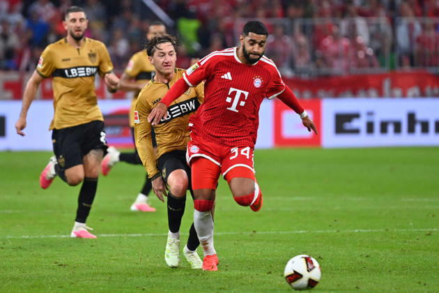 Ismael SAIBARI, Bayern Munich, Action, Tackle against Angelo STILLER, VFB Stuttgart, Soccer, Bundesliga, 2026–2027 Season, Matchday 1, Matchday 01, FC Bayern Munich vs. VfB Stuttgart 5–1 on August 28, 2026, Allianz Arena