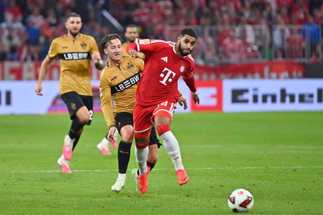 Ismael SAIBARI, Bayern Munich, Action, Tackle against Angelo STILLER, VFB Stuttgart, Soccer, Bundesliga, 2026–2027 Season, Matchday 1, Matchday 01, FC Bayern Munich vs. VfB Stuttgart 5–1 on August 28, 2026, Allianz Arena