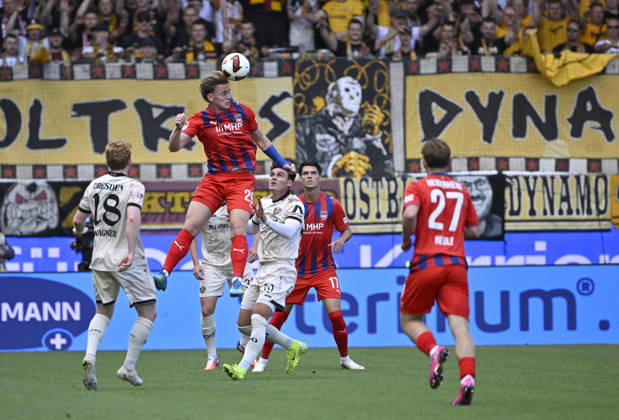 Heading duel, tackle, action: Mikkel Kaufmann, 1 FC Heidenheim 1846 (FCH) 29, 1 FC Heidenheim 1846 (FCH) vs. SG Dynamo Dresden (SGD) 29, August 8, 2026. DFL regulations prohibit any use of photosOGRAPHS AS IMAGE SEQUENCES AND OR QUASI-VIDEO 1 FC Heidenheim 1846 FCH vs. SG Dynamo Dresden SGD