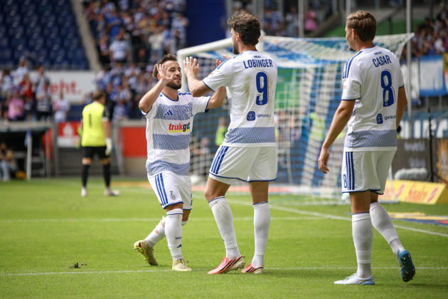 August 29, 2026, GER, Soccer, Men s, 3rd Division, 2026–2027 Season, MSV Duisburg vs. Würzburger Kickers, Lex Tyger Lobinger, Duisburg goal celebration, celebrating with Can Coskun after scoring the 2–0 goal, Duisburg, Schauinsland Arena, North Rhine-Westphalia, Germany Copyright: xAdrianxSchlüterx