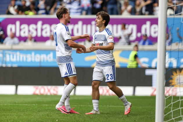 August 29, 2026, GER, Soccer, Men s, 3rd Division, 2026–2027 Season, MSV Duisburg vs. Würzburger Kickers, Christian Viet (Duisburg) celebrates his goal to make it 3–0 with Jan Simon Symalla (Duisburg); Duisburg, Schauinsland, Reisen Arena, North Rhine-Westphalia, Germany Copyright: xAdrianxSchlüterx