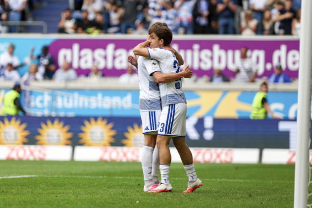 August 29, 2026, GER, Soccer, Men s, 3rd Division, 2026–2027 Season, MSV Duisburg vs. Würzburger Kickers, Christian Viet (Duisburg) celebrates his goal to make it 3–0 with Jan Simon Symalla (Duisburg); Duisburg, Schauinsland, Reisen Arena, North Rhine-Westphalia, Germany Copyright: xAdrianxSchlüterx