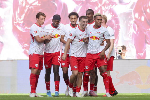 Antonio Nusa of RB Leipzig celebrates his goal with his teammates during the Bundesliga match between RB Leipzig and Borussia Mönchengladbach, Red Bull Arena on August 29, 2026, in Leipzig, Germany. Photo by Marco Steinbrenner, DeFodi Images. Antonio Nusa of RB Leipzig celebrates his goal with teammates during the Bundesliga match between RB Leipzig and Borussia Mönchengladbach at Red Bull Arena on August 29, 2026 in Leipzig, Germany. Photo by Marco Steinbrenner, DeFodi Images. DFB and DFL regulations prohibit any use of photographs as image sequences and or quasi-video. Photo by Marco Steinbrenner, DeFodi Images.