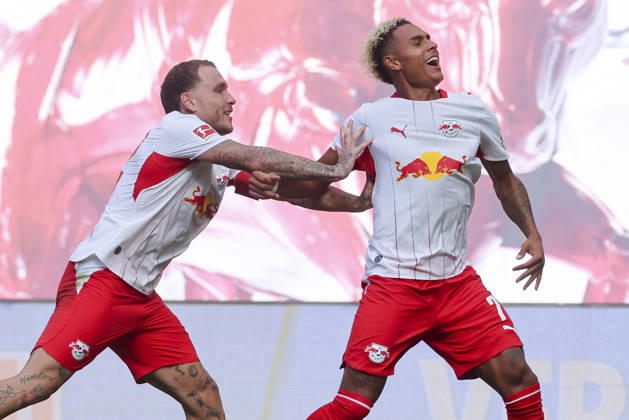 Antonio Nusa of RB Leipzig celebrates his goal to make it 2–0 with David Raum of RB Leipzig during the Bundesliga match between RB Leipzig and Borussia Mönchengladbach, Red Bull Arena on August 29, 2026, in Leipzig, Germany. Photo by Marco Steinbrenner, DeFodi Images. Antonio Nusa of RB Leipzig celebrates after scoring his team’s second goal with David Raum of RB Leipzig during the Bundesliga match between RB Leipzig and Borussia Mönchengladbach at Red Bull Arena on August 29, 2026 in Leipzig, Germany. Photo by Marco Steinbrenner, DeFodi Images. DFB and DFL regulations prohibit any use of photographs as image sequences and or quasi-video. Photo by Marco Steinbrenner, DeFodi Images.