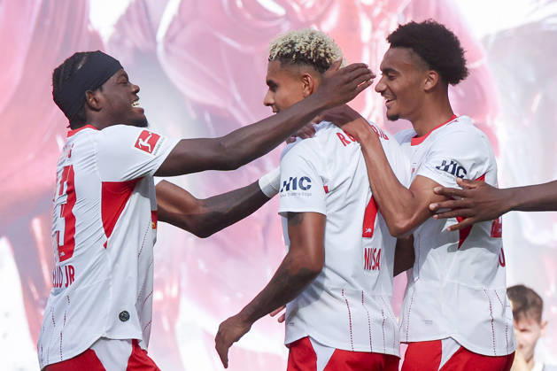 Antonio Nusa of RB Leipzig celebrates his goal to make it 2–0 with Castello Lukeba of RB Leipzig and Tidiam Gomis of RB Leipzig during the Bundesliga match between RB Leipzig and Borussia Mönchengladbach at Red Bull Arena on August 29, 2026, in Leipzig, Germany. Photo by Marco Steinbrenner, DeFodi Images. Antonio Nusa of RB Leipzig celebrates after scoring his team’s second goal with Castello Lukeba of RB Leipzig and Tidiam Gomis of RB Leipzig during the Bundesliga match between RB Leipzig and Borussia Mönchengladbach at Red Bull Arena on August 29, 2026 in Leipzig, Germany. Photo by Marco Steinbrenner, DeFodi Images. DFB and DFL regulations prohibit any use of photographs as image sequences and or quasi-video. Photo by Marco Steinbrenner, DeFodi Images.