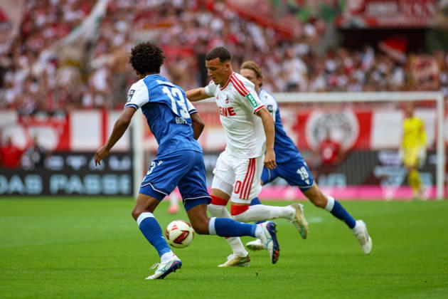August 29, 2026, GER, Soccer, Men s, Bundesliga, 1. Bundesliga, 2026–2027 Season, 1. FC Köln vs. TSG 1899 Hoffenheim: Bernardo (TSG) and Said El Mala (KOE) and Tim Lemperle (TSG) battle for the ball Copyright: xSvenxHanischx