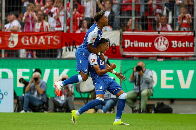 August 29, 2026, GER, Soccer, Men s, Bundesliga, 1. Bundesliga, 2026–2027 Season, 1. FC Köln vs. TSG 1899 Hoffenheim: Adam Daghim (TSG) celebrates his goal to make it 0–1 with Bambasá Contá (TSG) Copyright: xSvenxHanischx