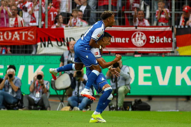 August 29, 2026, GER, Soccer, Men s, Bundesliga, 1. Bundesliga, 2026–2027 Season, 1. FC Köln vs. TSG 1899 Hoffenheim: Adam Daghim (TSG) celebrates his goal to make it 0–1 with Bambasá Contá (TSG) Copyright: xSvenxHanischx