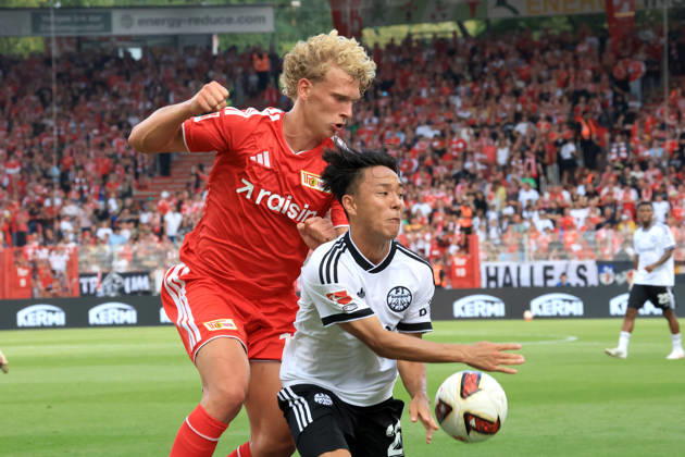 August 29, 2026, GER, Soccer, Bundesliga 1, 2026–2027, Alte Foersterei, 1. FC Union vs. Eintracht Frankfurt, Leopold Querfeld, 1. FC Union Berlin 14, KEITA KOSUGI, Eintracht Frankfurt 26. DFB and DFL regulations prohibit any use of photographs as image sequences and or quasi-video. Berlin, Alte Foersterei Stadium, Berlin, Germany Copyright: xNordphotox xEnglerx