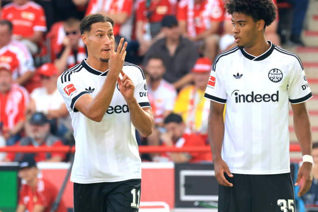 August 29, 2026, GER, Soccer, Bundesliga 1, 2026–2027, Alte Foersterei, 1. FC Union vs. Eintracht Frankfurt YOUNES EBNOUTALIB Eintracht Frankfurt 11, Malik Pimpong Eintracht Frankfurt 35, Sign Language 1st Division DFB DFL regulations prohibit any use of photographs as image sequences and or quasi-video Berlin Stadium Alte Foersterei Berlin Germany Copyright: xNordphotox xEnglerx
