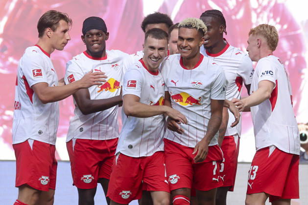 Antonio Nusa of RB Leipzig celebrates his goal with his teammates during the Bundesliga match between RB Leipzig and Borussia Mönchengladbach, Red Bull Arena on August 29, 2026, in Leipzig, Germany. Photo by Marco Steinbrenner, DeFodi Images. Antonio Nusa of RB Leipzig celebrates his goal with teammates during the Bundesliga match between RB Leipzig and Borussia Mönchengladbach at Red Bull Arena on August 29, 2026 in Leipzig, Germany. Photo by Marco Steinbrenner, DeFodi Images. DFB and DFL regulations prohibit any use of photographs as image sequences and or quasi-video. Photo by Marco Steinbrenner, DeFodi Images.