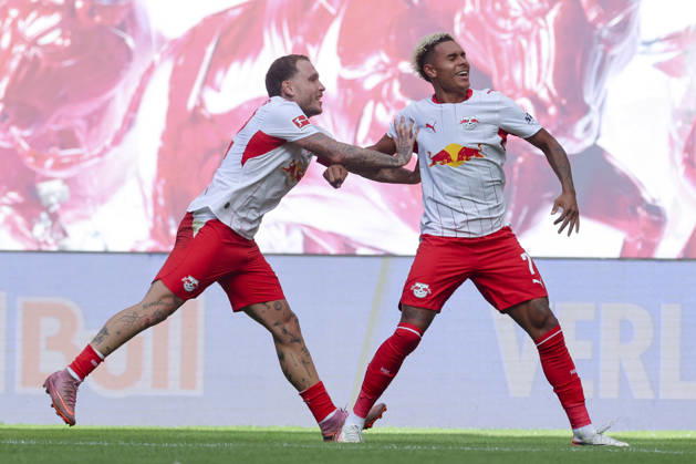 Antonio Nusa of RB Leipzig celebrates his goal to make it 2–0 with David Raum of RB Leipzig during the Bundesliga match between RB Leipzig and Borussia Mönchengladbach, Red Bull Arena on August 29, 2026, in Leipzig, Germany. Photo by Marco Steinbrenner, DeFodi Images. Antonio Nusa of RB Leipzig celebrates after scoring his team’s second goal with David Raum of RB Leipzig during the Bundesliga match between RB Leipzig and Borussia Mönchengladbach at Red Bull Arena on August 29, 2026 in Leipzig, Germany. Photo by Marco Steinbrenner, DeFodi Images. DFB and DFL regulations prohibit any use of photographs as image sequences and or quasi-video. Photo by Marco Steinbrenner, DeFodi Images.