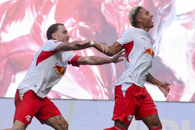 Antonio Nusa of RB Leipzig celebrates his goal to make it 2–0 with David Raum of RB Leipzig during the Bundesliga match between RB Leipzig and Borussia Mönchengladbach, Red Bull Arena on August 29, 2026, in Leipzig, Germany. Photo by Marco Steinbrenner, DeFodi Images. Antonio Nusa of RB Leipzig celebrates after scoring his team’s second goal with David Raum of RB Leipzig during the Bundesliga match between RB Leipzig and Borussia Mönchengladbach at Red Bull Arena on August 29, 2026 in Leipzig, Germany. Photo by Marco Steinbrenner, DeFodi Images. DFB and DFL regulations prohibit any use of photographs as image sequences and or quasi-video. Photo by Marco Steinbrenner, DeFodi Images.