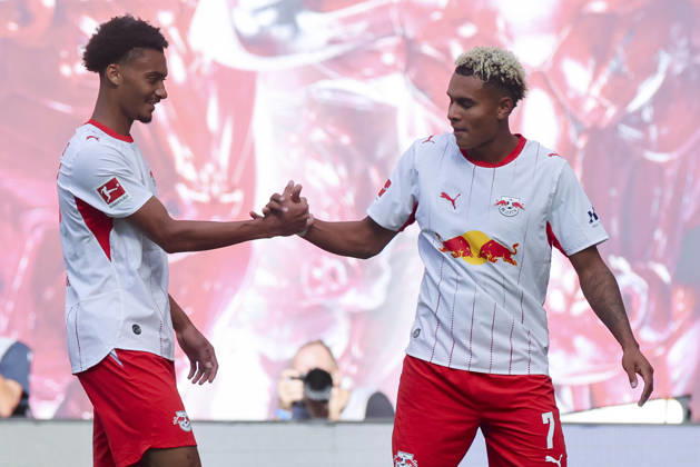 Antonio Nusa of RB Leipzig celebrates his goal to make it 2–0 with Tidiam Gomis of RB Leipzig during the Bundesliga match between RB Leipzig and Borussia Mönchengladbach, Red Bull Arena on August 29, 2026, in Leipzig, Germany. Photo by Marco Steinbrenner, DeFodi Images. Antonio Nusa of RB Leipzig celebrates after scoring his team’s second goal with Tidiam Gomis of RB Leipzig during the Bundesliga match between RB Leipzig and Borussia Mönchengladbach at Red Bull Arena on August 29, 2026 in Leipzig, Germany. Photo by Marco Steinbrenner, DeFodi Images. DFB and DFL regulations prohibit any use of photographs as image sequences and or quasi-video. Photo by Marco Steinbrenner, DeFodi Images.