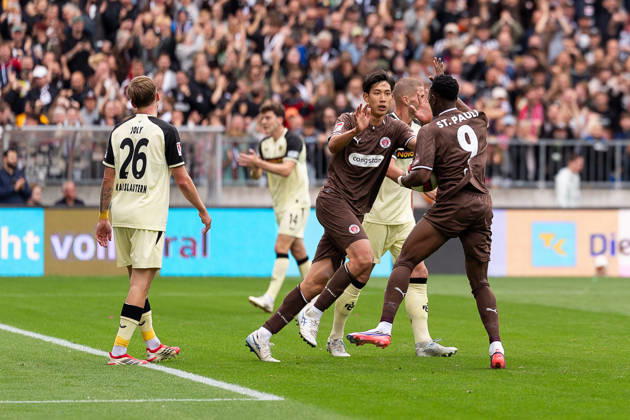 Goal: 1–2 by Abdoulie Ceesay (FC St. Pauli), No. 09, celebrates with Taichi Hara (FC St. Pauli), No. 18, GER, FC St. Pauli vs. 1. FC Kaiserslautern, Soccer, 2. Bundesliga, Matchday 3, 2026–2027 Season, August 30, 2026 DFL regulations prohibit any use of photographs as image sequences and or quasi-video, GER, FC St. Pauli vs. 1. FC Kaiserslautern, Soccer, 2. Bundesliga, Matchday 3, 2026–2027 Season, August 30, 2026, Hamburg Copyright: xEibner-Pressefoto MaxxVincenx EP_MVN
