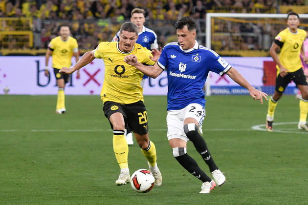From left: Marcel Sabitzer (Dortmund) and Nicolas Capaldo (SV) in a one-on-one duel, 2026-08-29 20:00 ¢ Soccer ¢ Borussia Dortmund vs. Hamburger SV, Signal Iduna Park, Dortmund, DFB DFL regulations prohibit any use of photographs as image sequences and or quasi-video NRW Germany Copyright: xpepphotox xSaschaxWeizx pep00321, pep_20260829_hm
