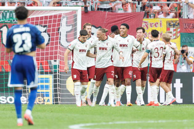 FC Augsburg scores the 2-0 goal in the match between FC Augsburg and FC Schalke 04, Soccer, Men s, Bundesliga, 2026–2027, Matchday 1 on August 30, 2026, in Augsburg, WWK ARENA. DFL and DFB regulations prohibit any use of photographs as image sequences and or quasi-video. Bavaria, Germany