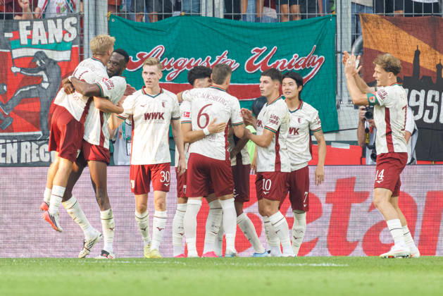 FC Augsburg scores the 3-0 goal in the match between FC Augsburg and FC Schalke 04, Soccer, Men s, Bundesliga, 2026–2027, Matchday 1 on August 30, 2026, in Augsburg, WWK ARENA. DFL and DFB regulations prohibit any use of photographs as image sequences and or quasi-video. Bavaria, Germany