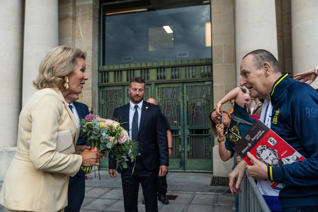 Queen Mathilde of Belgium pictured during the 50th edition of the Memorial Van Damme Diamond League athletics event in Brussels, Friday 4 September 2026. EMILExWINDAL x185250885x