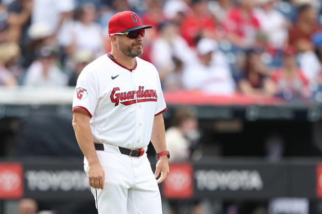 Cleveland Guardians manager Stephen Vogt walks to the mound in the second inning against the Detroit Tigers at Progressive Field in Cleveland, Ohio on Friday, September 4, 2026. CLE20260904126 AARONxJOSEFCZYK