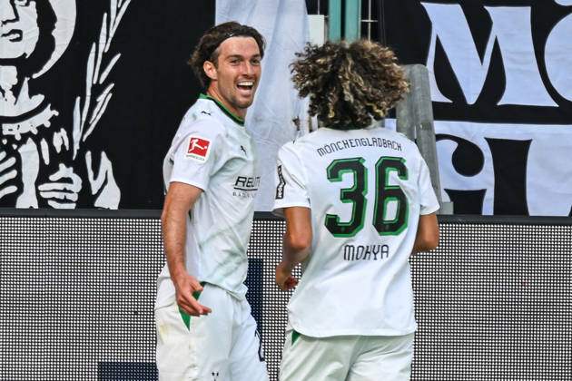 Joe Scally, Mönchengladbach 29, celebrates after scoring the goal to make it 3–1 with Wael Mohya, Mönchengladbach 36, May 9, 2026 ¢ Soccer ¢ Borussia Mönchengladbach vs. SV Elversberg, Borussia Park, Mönchengladbach, DFB DFL REGULATIONS PROHIBIT ANY USE OF PHOTOGRAPHS AS IMAGE SEQUENCES AND OR QUASI-VIDEO NRW, Germany Copyright: xpepphotox xHorstxMauelshagenx pep00321, pep_20260905_hm