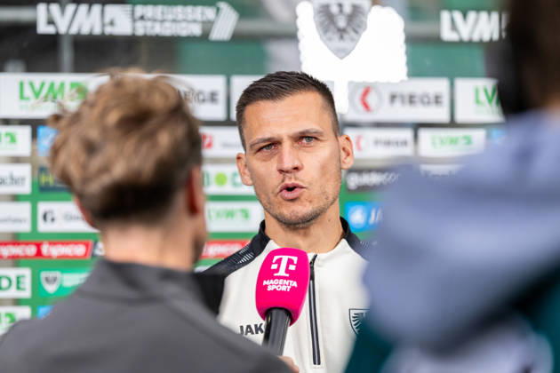 Thomas Woerle of SC Preussen Münster, head coach, in an interview on Magenta Sport GER; SC Preussen Münster vs. TSV Havelse, soccer, 3rd Division, Matchday 4, 2026–2027 season, September 5, 2026: DFL regulations prohibit the use of photographs as image sequences and or quasi-video. GER, SC Preussen Münster vs. TSV Havelse, soccer, 3. Liga, Matchday 4, 2026–2027 season, September 5, 2026, Münster Copyright: xEibner-Pressefoto JanxRollingerx EP_JSK