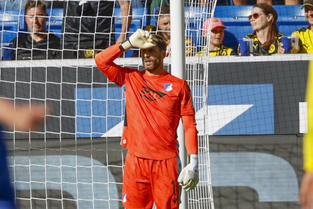 Oliver Baumann, TSG Hoffenheim, 01, Facial Expressions, Emotion, Germany, Soccer, Bundesliga 1, Matchday 2, 2026–2027, TSG Hoffenheim vs. Borussia Dortmund, September 5, 2026, Sinsheim SNP Arena, Germany Copyright: xGrantxHubbsx
