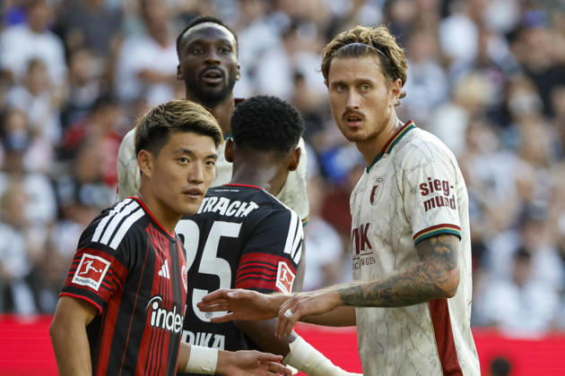 Calvin Brackelmann (FC Augsburg, No. 2) and Ritsu Doan (Eintracht Frankfurt, No. 20), Germany, soccer, Bundesliga 1, Matchday 2, 2026–2027, Eintracht Frankfurt vs. FC Augsburg, September 6, 2026, Frankfurt am Main, Deutsche Bank Park, Germany Copyright: xGrantxHubbsx