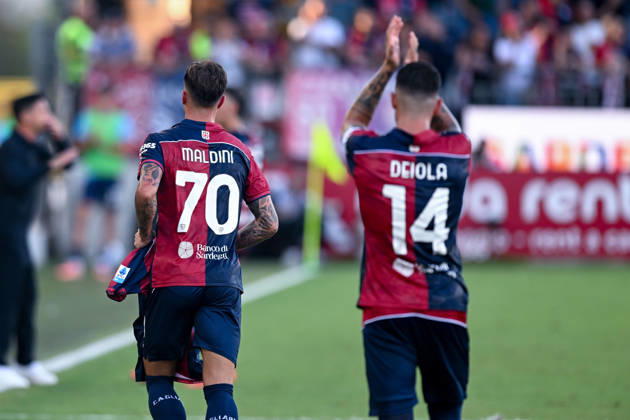 Cagliari s Daniel Maldini celebrates after scoring the goal for 1-0 during the Serie A soccer match between Cagliari Calcio and Lecce at the Unipol Domus in Cagliari, Sardinia - Monday 7th september 2026. - Soccer  Copyright: xGianlucaxZuddas LaPressex
