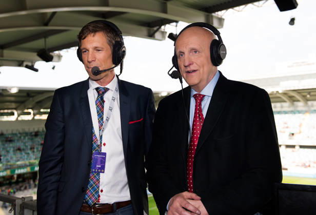 Soccer, Allsvenskan, GAIS IFK Göteborg Arne Hegerfors is calling his final game as a commentator, here with co-commentator Jens Fjellström TV Commentator, Expert Commentator Gothenburg Sweden  Copyright: xDanielxStillerx