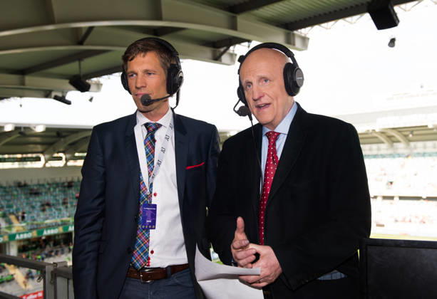 Soccer, Allsvenskan, GAIS IFK Göteborg Arne Hegerfors is calling his final game as a commentator, here with co-commentator Jens Fjellström TV Commentator, Expert Commentator Gothenburg Sweden  Copyright: xDanielxStillerx