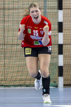Alsco Women s Handball Bundesliga, 2026–2027 Season: SV Union Halle Neustadt vs. HSG Blomberg Lippe, Halle, Germany, September 9, 2026. Pictured: Fabienne Büch (Buech) of Halle—celebration, joy, emotion, goal celebration, Goal Scorer, Halle Saale SWH Arena, Saxony-Anhalt, Germany