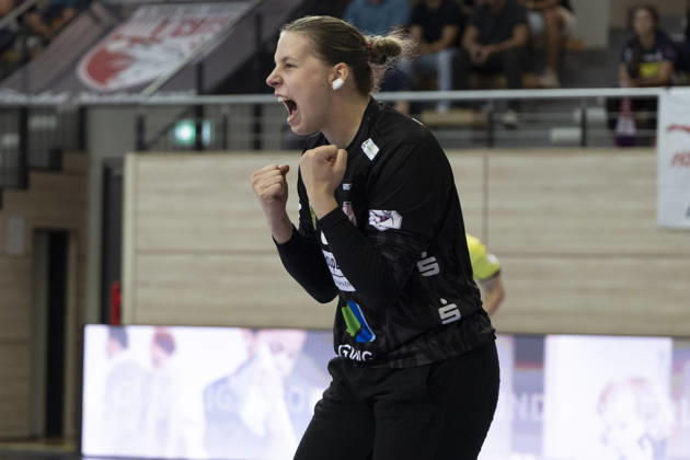 Alsco Women s Handball Bundesliga, 2026–2027 Season: SV Union Halle Neustadt vs. HSG Blomberg Lippe, Halle, Germany, September 9, 2026. Pictured: Goalkeeper Lena Schmied of Halle—facial expression, intense look, emotion, Halle, Saale, SWH Arena, Saxony-Anhalt, Germany
