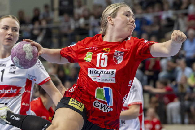 Alsco Women s Handball Bundesliga, 2026–2027 Season: SV Union Halle Neustadt vs. HSG Blomberg Lippe, Halle, Germany, September 9, 2026. Pictured: Fabienne Büch Buech of Halle with the ball, Halle an der Saale, SWH Arena, Saxony-Anhalt, Germany