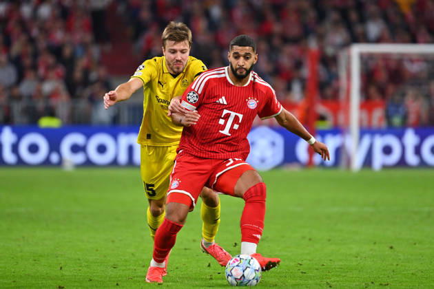 Ismael SAIBARI, Bayern Munich, Action, Tackle against Fredrik Bjoerka, Glimt, Soccer, Champions League, 2026–27 Season, Group Stage: FC Bayern Munich vs. Bodø Glimt, 5–0 on September 10, 2026
