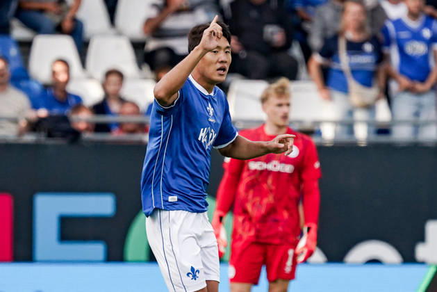 Germany Soccer Season 2026–2027, 2. Bundesliga, Matchday 5, SV Darmstadt 98 vs. Arminia Bielefeld, Merck Stadium at Böllenfalltor, Darmstadt, Ho Jae Lee (SV Darmstadt 98), 9th goal and goal celebration for the 1–0 lead, gesture, body language, emotion, Darmstadt, Merck Stadium at Böllenfalltor, Germany Copyright: xBennetxLongx
