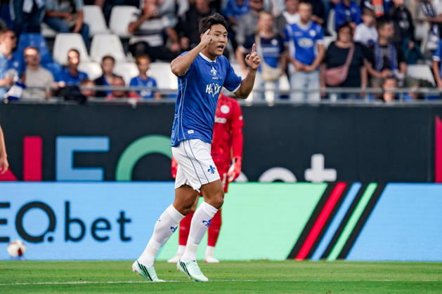 Germany Soccer Season 2026–2027, 2. Bundesliga, Matchday 5, SV Darmstadt 98 vs. Arminia Bielefeld, Merck Stadium at Böllenfalltor, Darmstadt, Ho Jae Lee (SV Darmstadt 98), 9th goal and goal celebration for the 1–0 lead, gesture, body language, emotion, Darmstadt, Merck Stadium at Böllenfalltor, Germany Copyright: xBennetxLongx