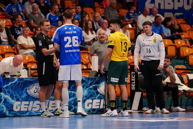 2nd Handball Bundesliga, Matchday 3: Dessau Roßlauer HV 06 vs. VfL Eintracht Hagen; Yannick Danneberg (Dessau Roßlauer HV 06), 26, and Juan de la Pena, VfL Eintracht Hagen, 13, before the start of the game on September 11, 2026, at the Anhalt Arena in Dessau-Roßlau, Saxony-Anhalt, Dessau-Roßlau, Anhalt Arena, Saxony-Anhalt, Germany